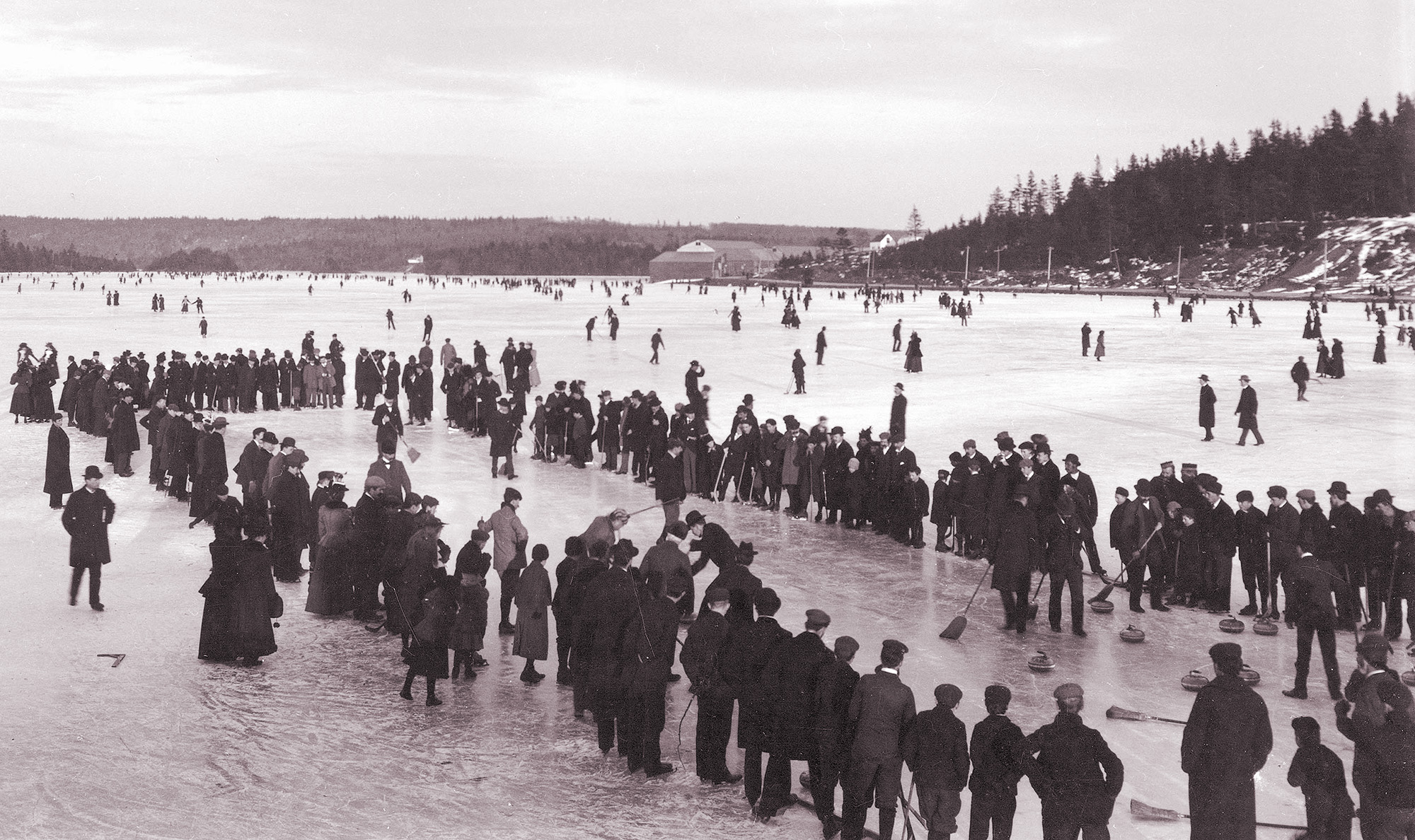 Photo of people curling on a lake in Dartmouth, Nova Scotia, ca. 1897